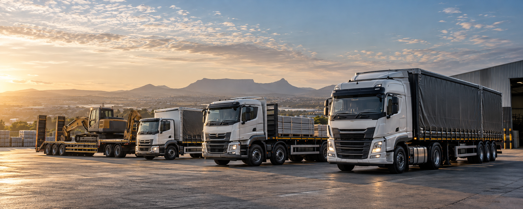 A coordinated fleet of modern commercial freight vehicles at a depot
